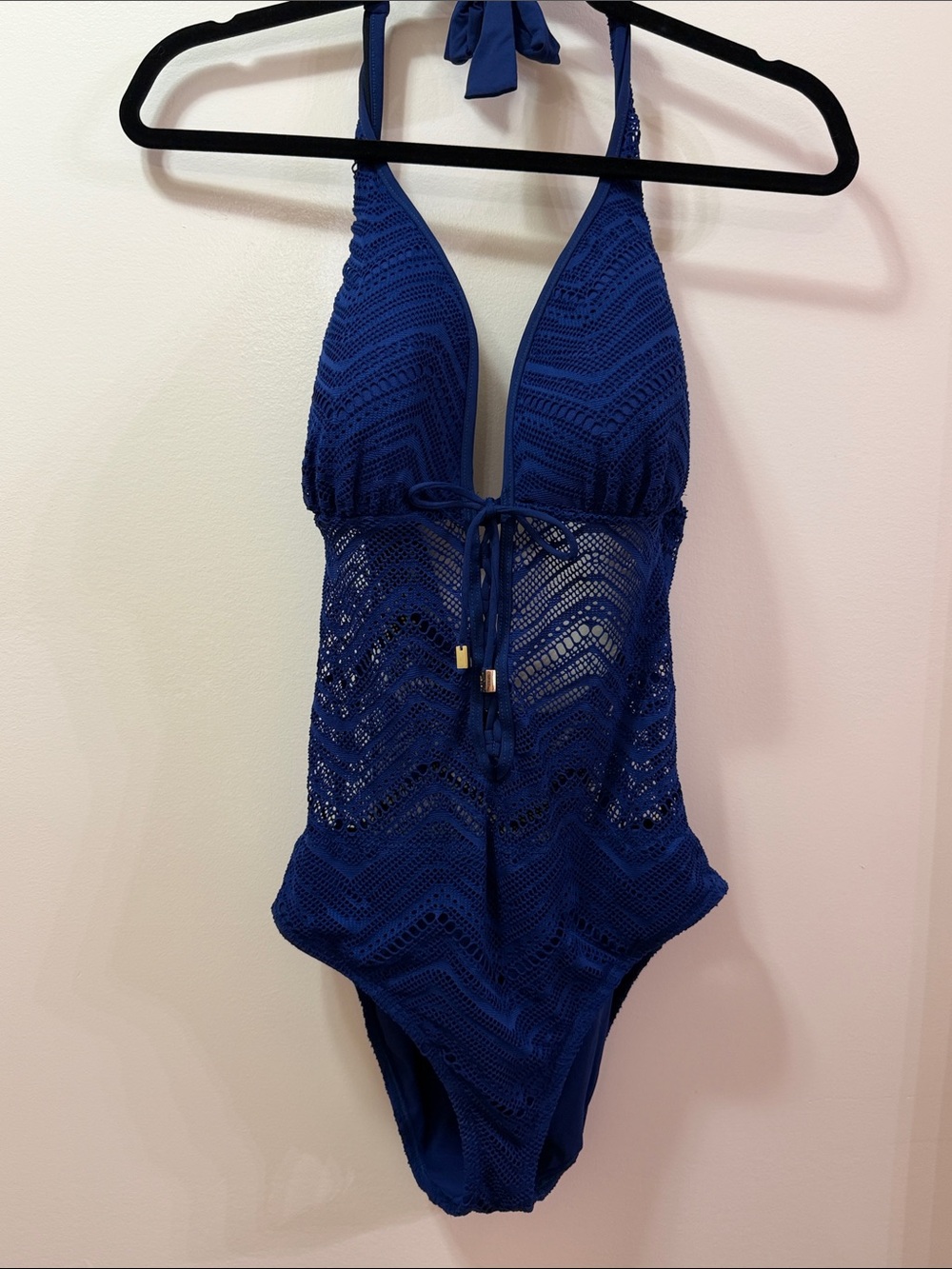 Boston Proper. Navy Blue Crochet Halter One-Piece Swimsuit. Size 12 NWOT